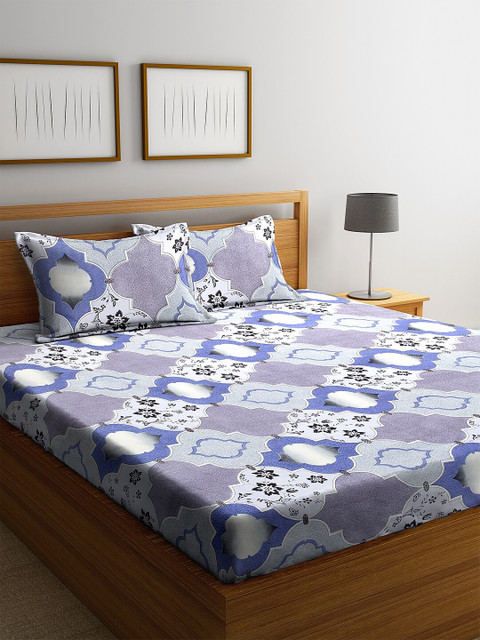 

NEUDIS Blue & Grey Floral 180 TC Cotton 1 King Bedsheet with 2 Pillow Covers