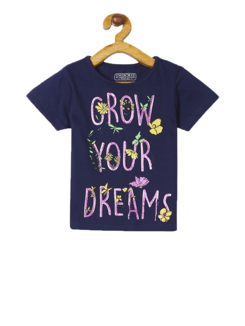

Cherokee Girls Navy Blue & Pink Printed Round Neck T-shirt