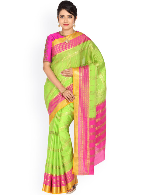 

Vijayalakshmi Silks Green & Pink Pure Silk Checked Mysore Silk Saree