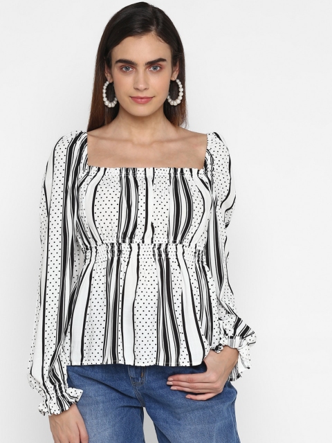 

FOSH Women White & Black Striped Cinched Waist Top