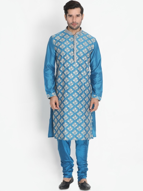 

VASTRAMAY Men Turquoise Blue Embroidered Kurta with Pyjamas