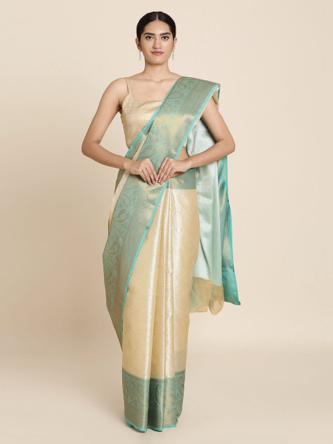 Koskii Gold-Coloured & Turquoise Blue Art Silk Woven Design Saree