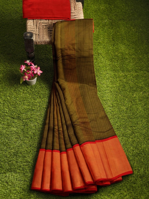 

APCO Olive Green Checked Silk Cotton Sustainable Saree