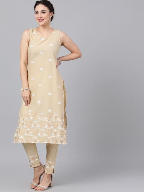 

AKS Women Beige Embroidered Kurta with Trousers