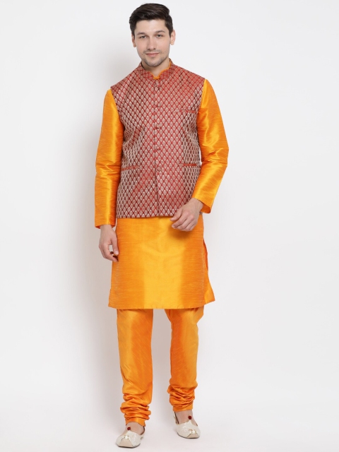 VASTRAMAY Men Orange & Maroon Woven Design Kurta & Churidar With Nehru Jacket