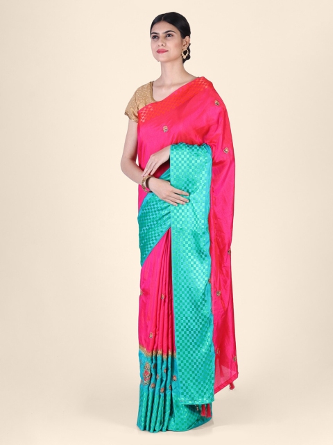 

Hastakala Green & Pink Satin Woven Design Saree
