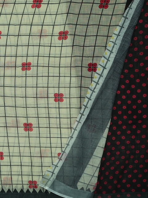 

Pothys Cream-Coloured & Black Linen Blend Checked Saree