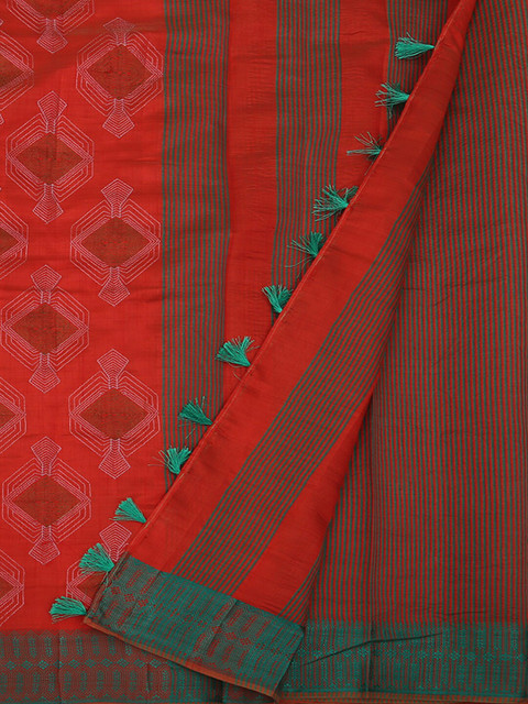 

Pothys Red & Green Jute Silk Printed Saree