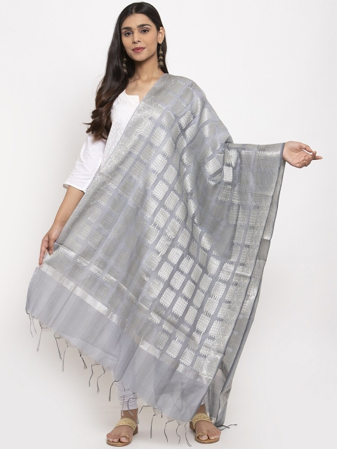 

LOOM LEGACY Grey & Silver-Coloured Checked Dupatta