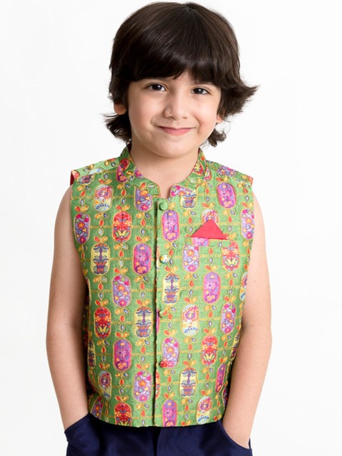 

Lil Peacock Boys Green & Purple Woven Design Nehru Jacket