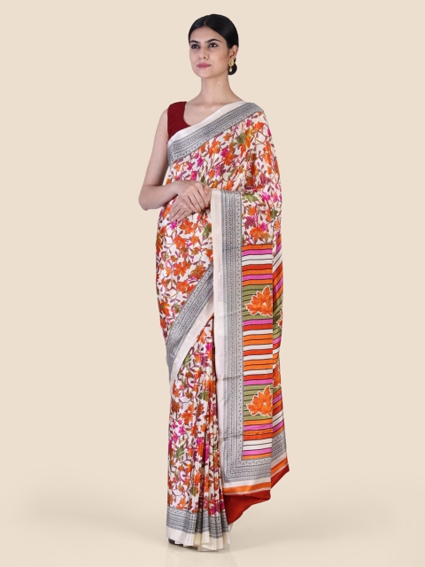 

Hastakala Cream-Coloured & Red Poly Crepe Printed Saree