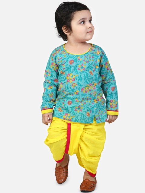 

BownBee Boys Green & Yellow Floral Printed Kurta with Dhoti Pants