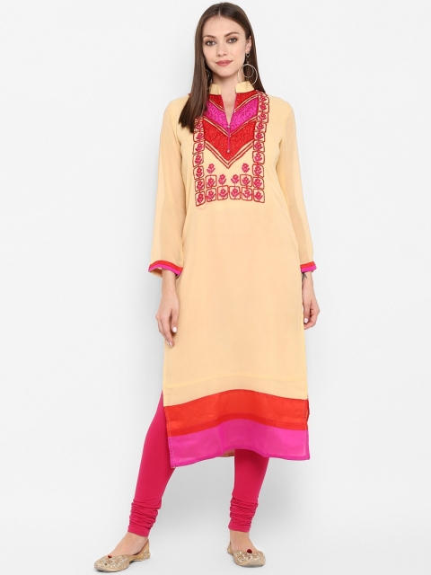 

ZOEYAMS Women Beige Embroidered Straight Kurta