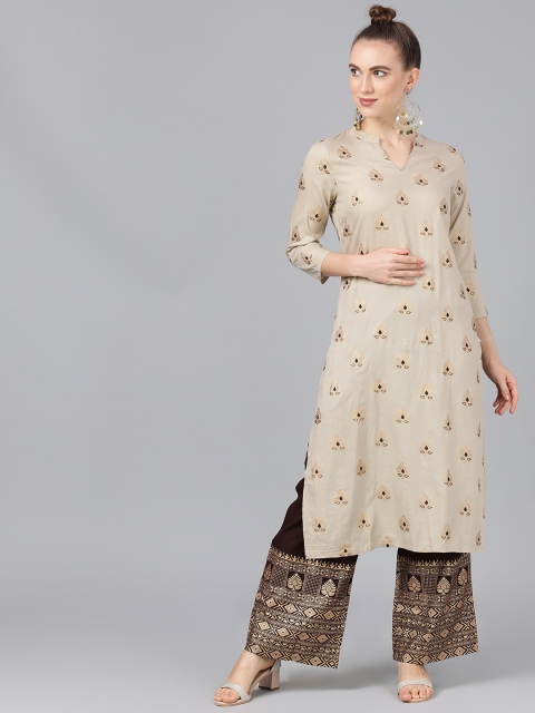 AKS Couture Women Nude-Coloured & Brown Foil Printed Kurta with Palazzos