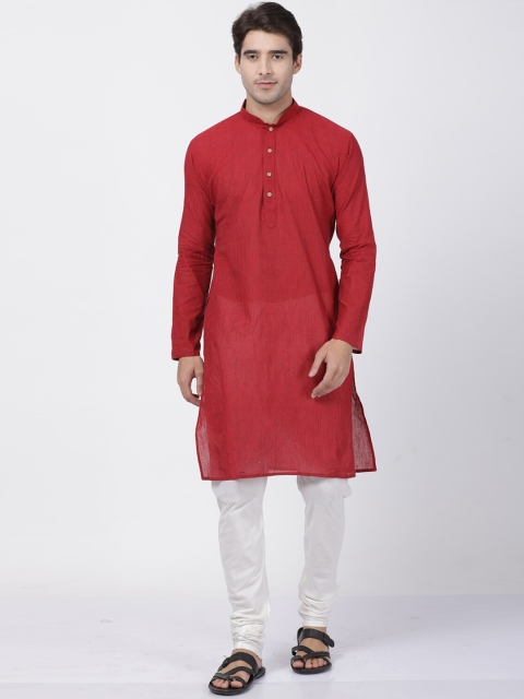 

VASTRAMAY Men Red & White Striped Pure Cotton Kurta with Churidar