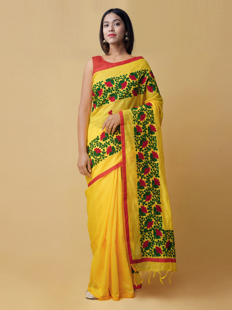 

Unnati Silks Yellow & Red Handloom Bengal Cotton Phulkari Saree with Tassels