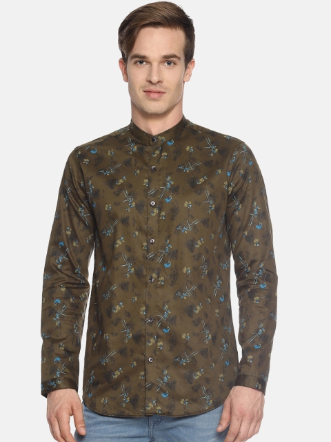 

COUPER & COLL Men Olive Green & Blue Slim Fit Floral Print Casual Shirt