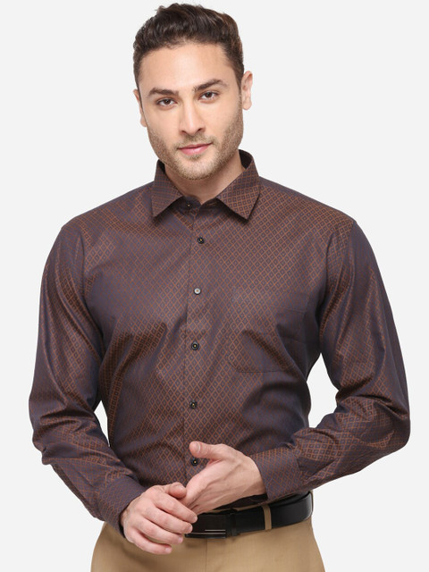 

Greenfibre Men Coffee Brown & Blue Regular Fit Printed Party Shirt