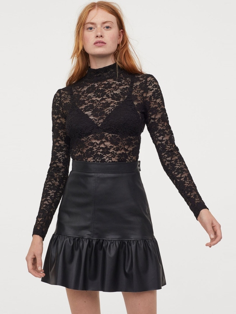 

H&M Women Black Imitation Leather Skirt