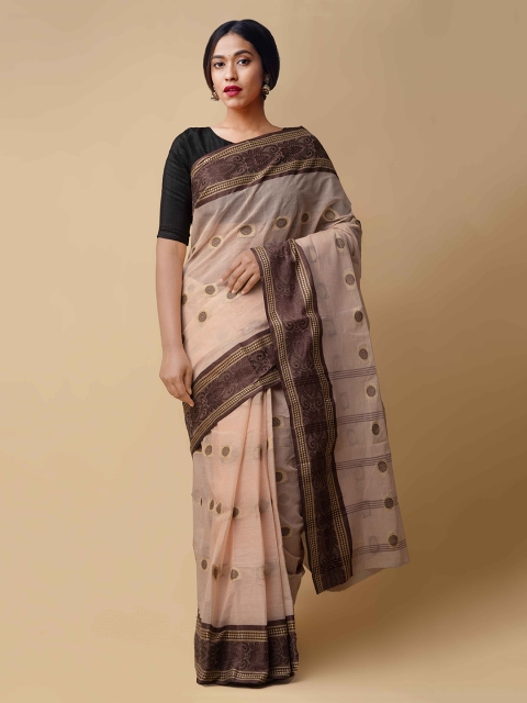 

Unnati Silks Cream-Coloured & Brown Pure Cotton Woven Design Handloom Saree