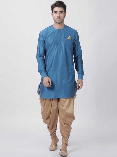 

VASTRAMAY Men Turquoise Blue & Rose Gold Solid Kurta with Dhoti Pants
