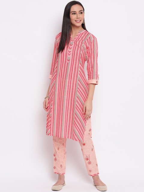 

Shakumbhari Women Pink Floral Striped Regular Pure Cotton Kurta with Trousers