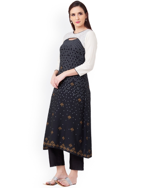 

IMARA Women Black & Off-White Printed A-Line Kurta