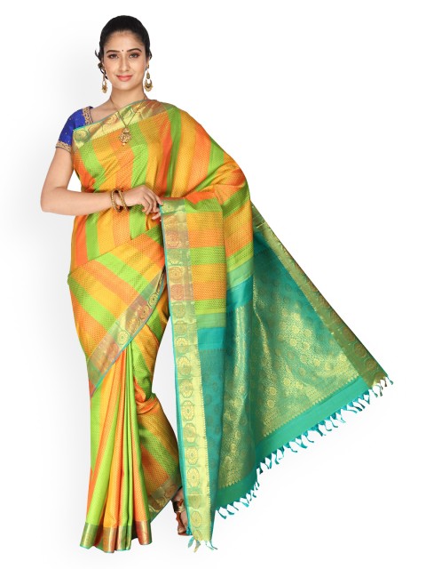 

Vijayalakshmi Silks Green & Orange Pure Silk Woven Design Kanjeevaram Saree
