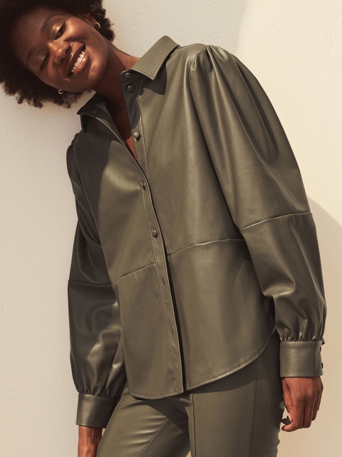 

H&M Women Green Solid Imitation Leather Shirt