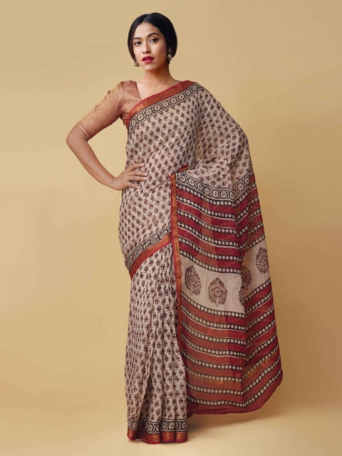 

Unnati Silks Beige & Maroon Pure Cotton Printed Kota Saree