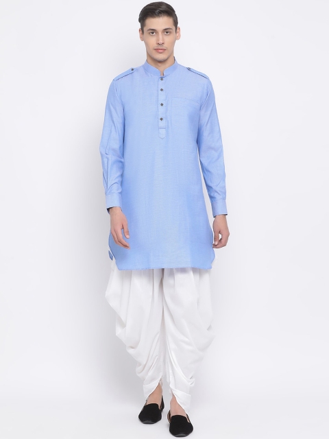 

VASTRAMAY Men Blue & White Solid Kurta with Dhoti Pants