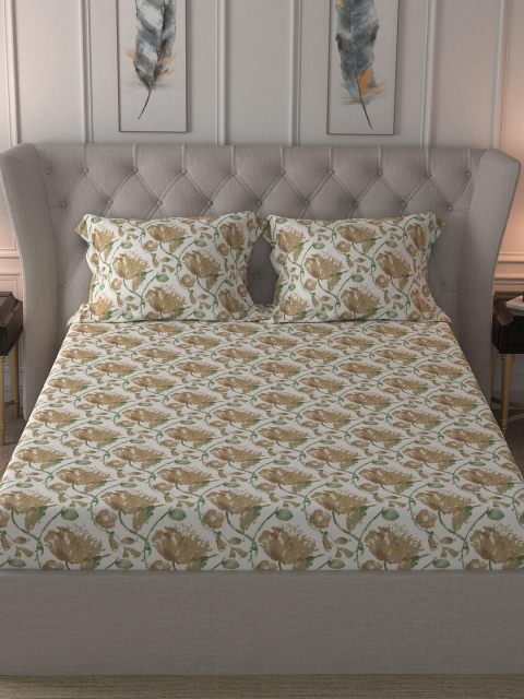 

MASPAR Beige Floral 200 TC Cotton 1 King Bedsheet with 2 Pillow Covers