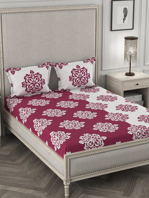 

URBAN SPACE Pink & Off-White Floral 120 TC Cotton 1 Queen Bedsheet with 2 Pillow Covers