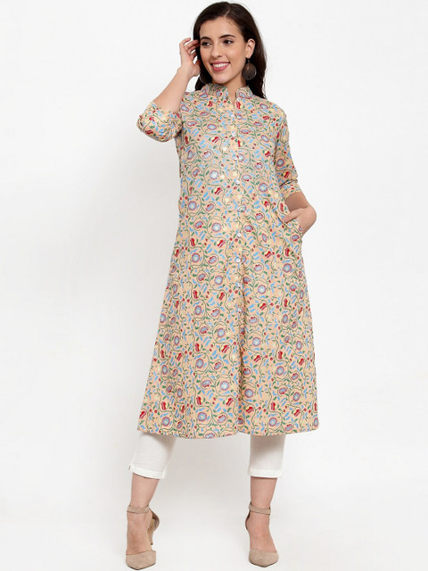 

Indibelle Women Peach-Coloured & Green Printed A-Line Kurta