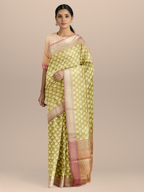 

BharatSthali Beige & Green Silk Cotton Woven Design Banarasi Sustainable Saree