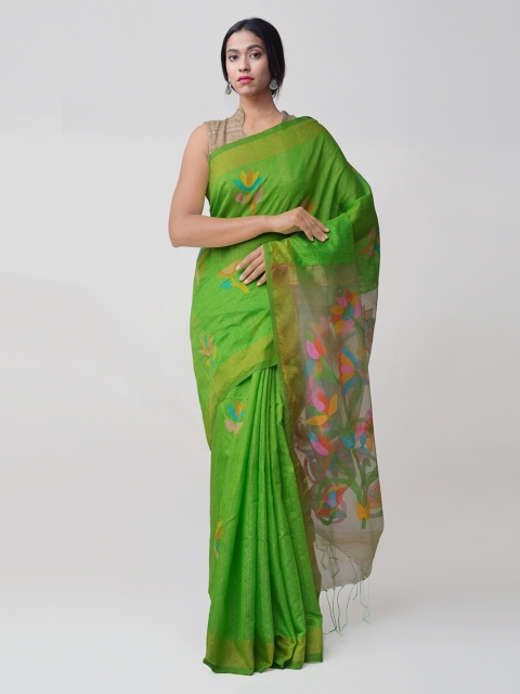 

Unnati Silks Green & Pink Silk Cotton Woven Design Jamdani Saree