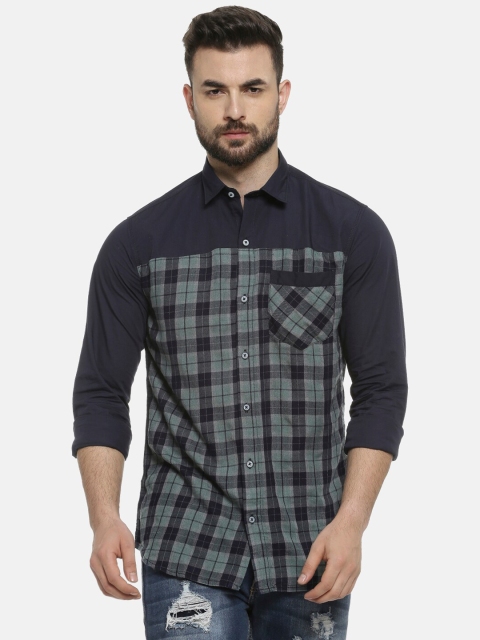 

Campus Sutra Men Green & Navy Blue Regular Fit Checked Casual Shirt