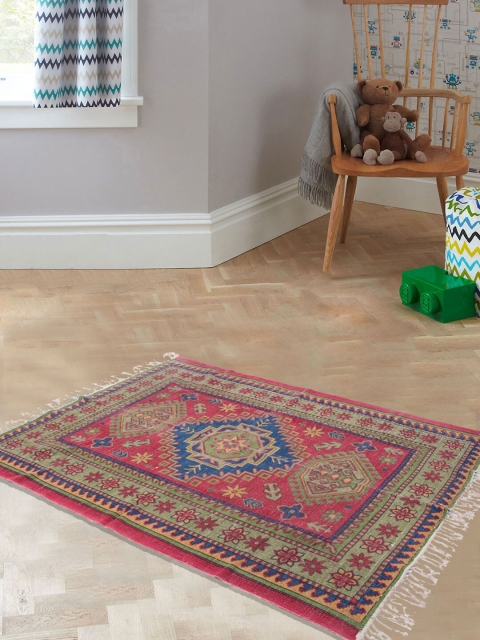

Tistabene Pink & Green Kilim Pattern Fringed Dhurrie