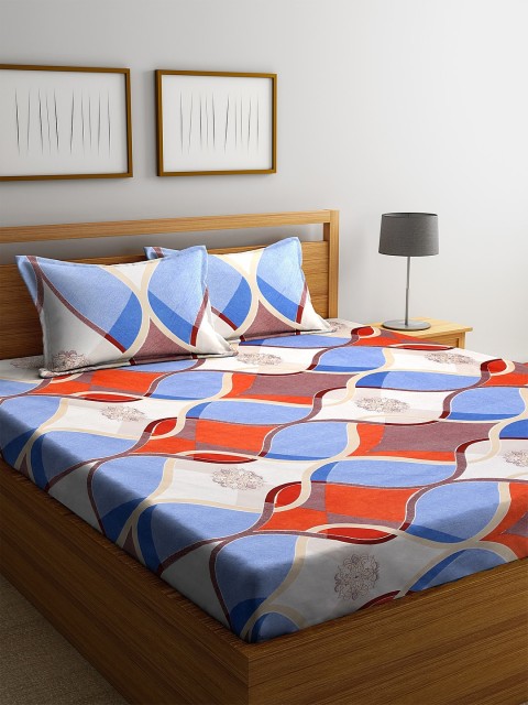 

NEUDIS Blue & Orange Geometric 180 TC Cotton 1 King Bedsheet with 2 Pillow Covers