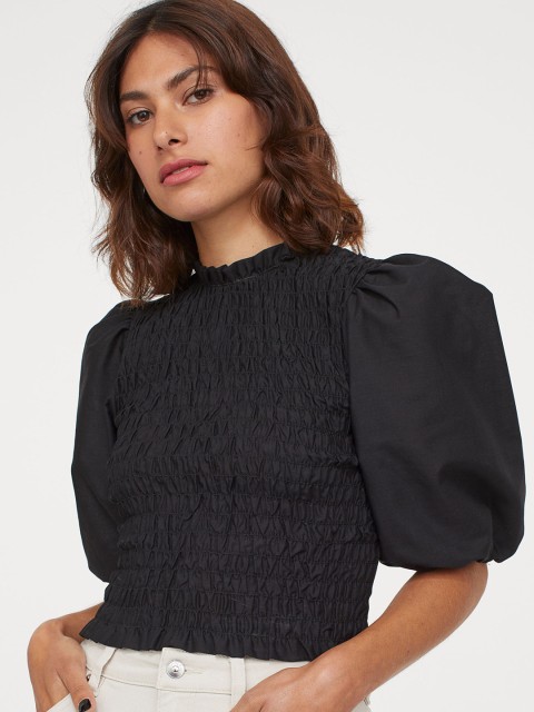 

H&M Women Black Puff-Sleeved Smocked Blouse