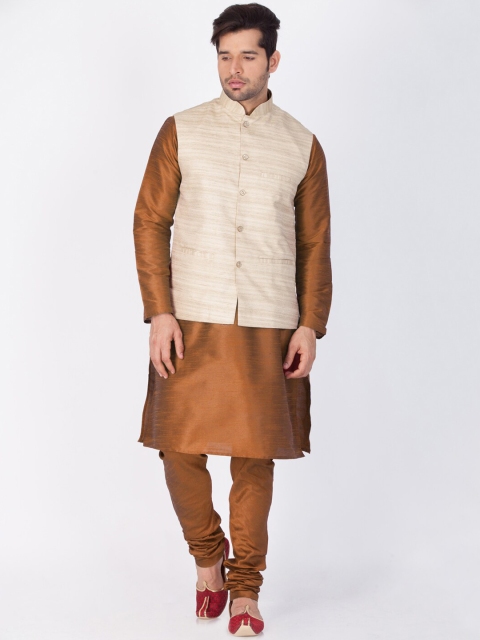 

VASTRAMAY Men Brown & Beige Woven Design Kurta with Churidar & Nehru Jacket