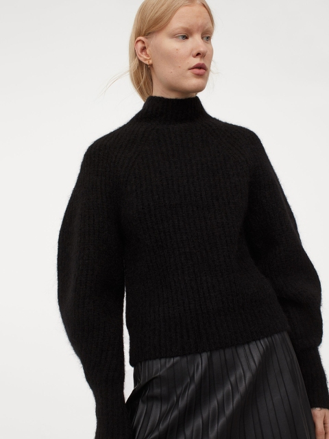 

H&M Women Black Ribbed Wool-Blend Jumper
