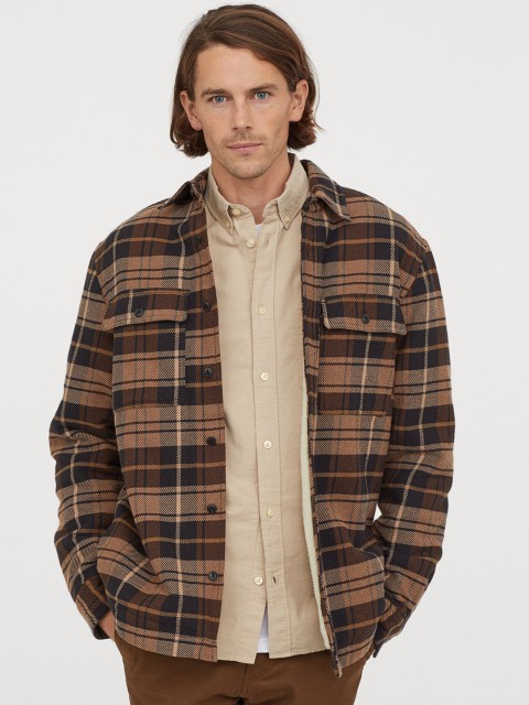 

H&M Men Beige Checked Faux Shearling-Lined Shacket