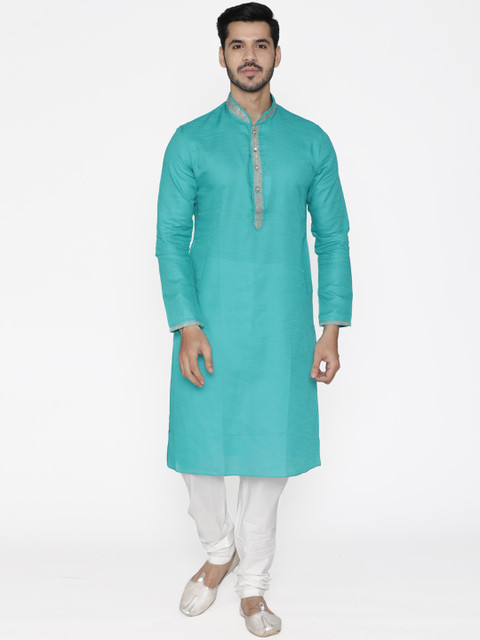 

Manyavar Men Blue & White Self Design Kurta with Churidar