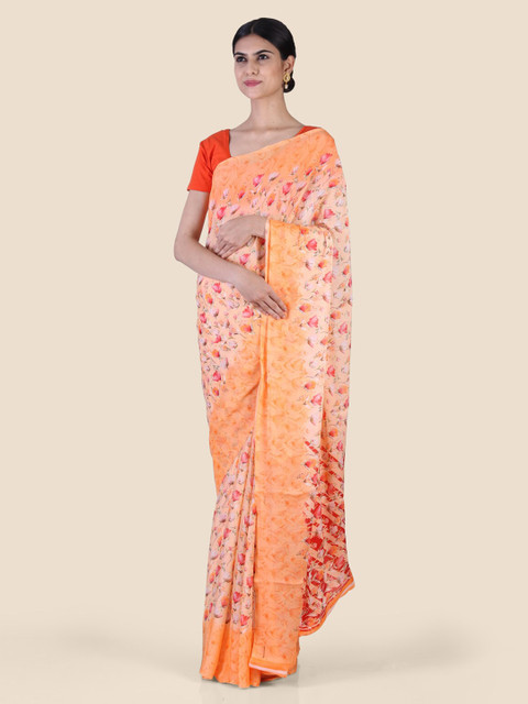 

Hastakala Orange & Red Pure Georgette Floral Print Saree