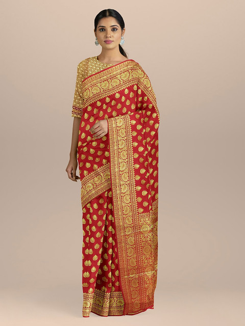 

BharatSthali Red & Gold-Toned Banarasi Silk Woven Design Saree