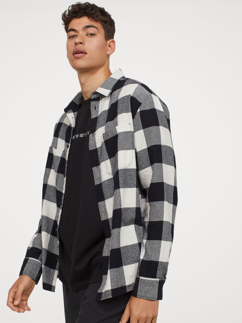 

H&M Men Black & White Cotton flannel shirt