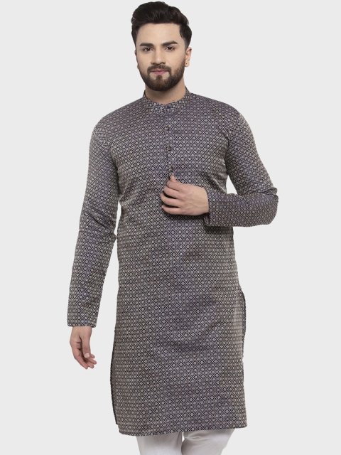 

Jompers Men Navy Blue & Silver-Toned Printed Straight Kurta