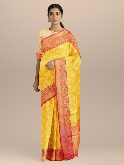 

BharatSthali Yellow & Red Silk Cotton Woven Design Dharmavaram Handloom Saree