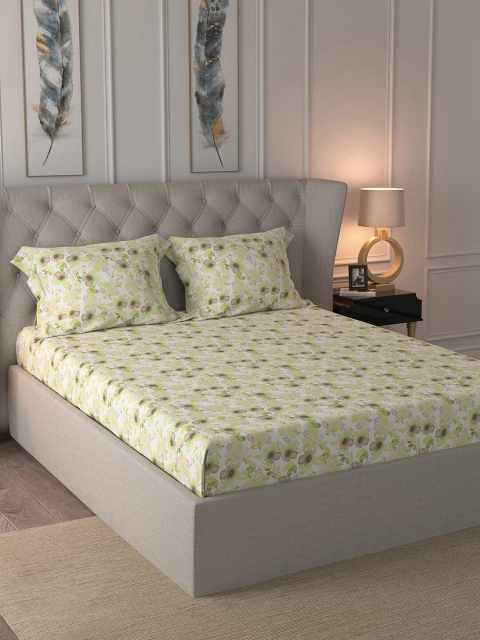 

MASPAR White & Green Floral 200 TC Cotton 1 Queen Bedsheet with 2 Pillow Covers